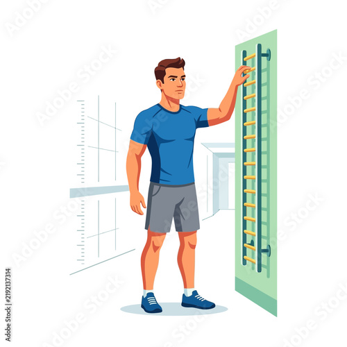 Man reaching for bars on a wall gym ladder, demonstrating fitness, exercise, and physical therapy