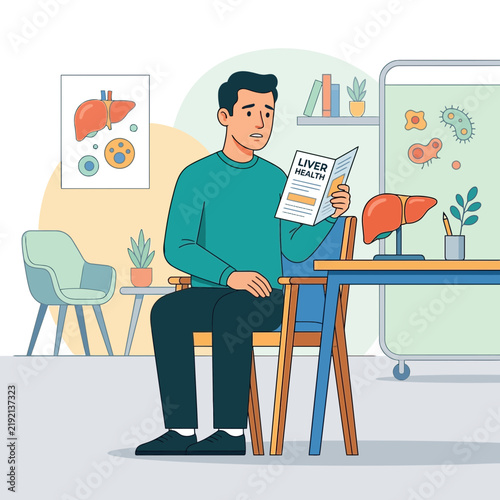 Man Reading Liver Health Information in Doctor's Office