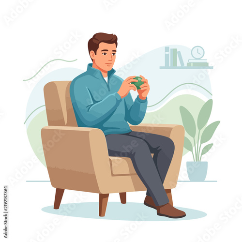 Man Relaxing in Armchair Playing Video Games on Mobile Phone, Modern Flat Design