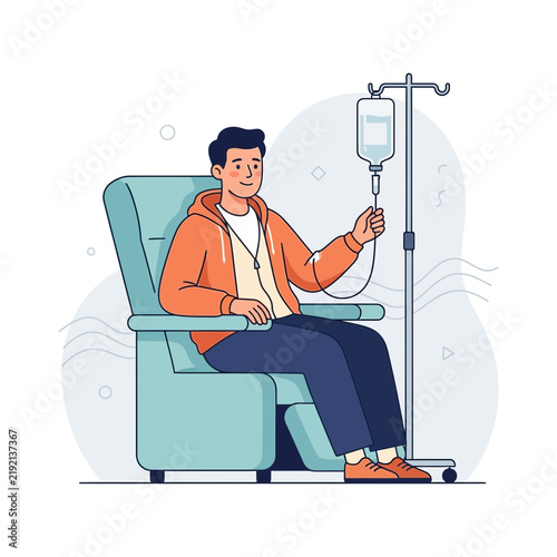 Man receiving IV drip treatment while sitting in a comfortable chair, healthcare and medical illustration