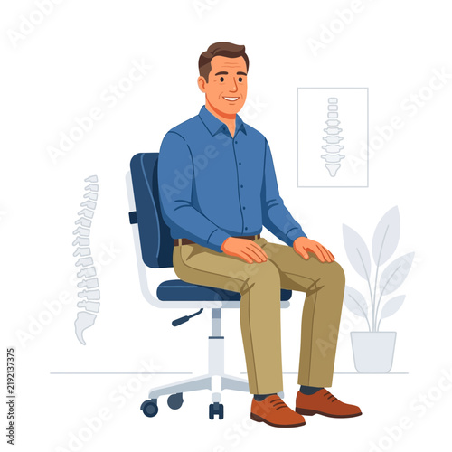 Man Sitting Correctly in Ergonomic Chair with Spine Illustration, Promoting Good Posture and Health