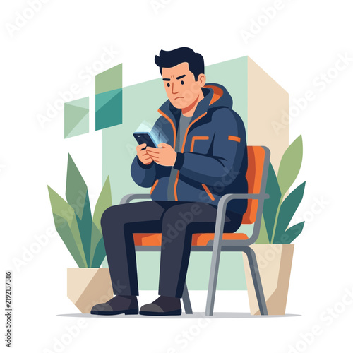 Man Sitting and Texting on Smartphone in Modern Waiting Area with Plants