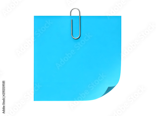 Blue sticky note with paperclip attached