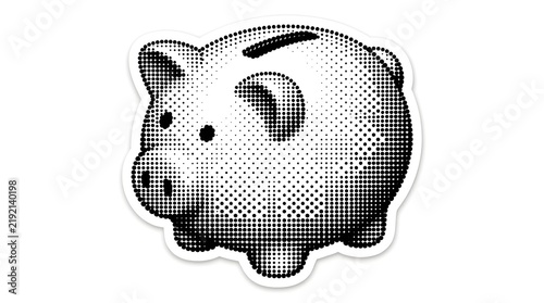 Piggy bank savings icon illustrated in high contrast black and white halftone dot pattern.