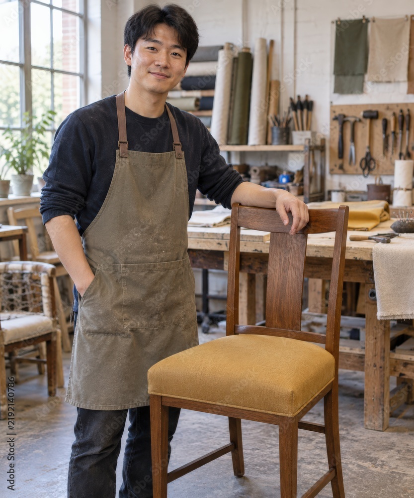 Fototapeta premium A young Chinese man apprentice stands beside his first completed ochre dining chair seat with a small satisfied smile and one hand resting on the wooden back in a bright upholstery training workshop
