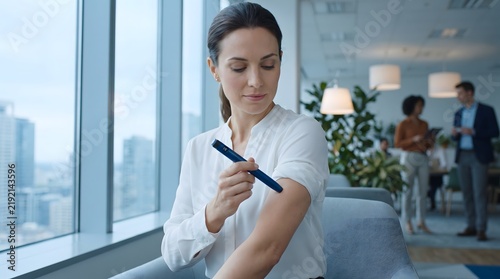 Confident businesswoman managing diabetes with an insulin pen at a modern corporate office near a window with city views