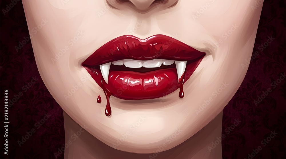Obraz premium Gothic vampire mouth with red lipstick and white fangs on dark damask background for halloween.