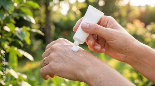 Close-up of hands squeezing white lotion or cream from a small blank white squeeze tube onto the back of the hand with green garden background.