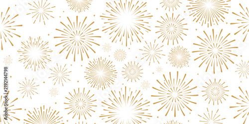 Golden firework burst pattern floating along upper border on white backdrop. Modern luxury celebration card vector background with central copy space. (148 chars)