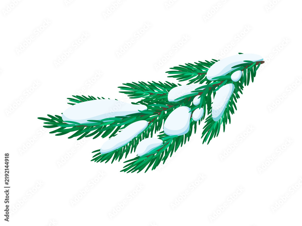 Obraz premium Christmas cartoon snowy spruce twig decoration. Merry Christmas holiday isolated object, Christmas festive cartoon vector decor element. Winter season sticker or happy New Year holiday decoration