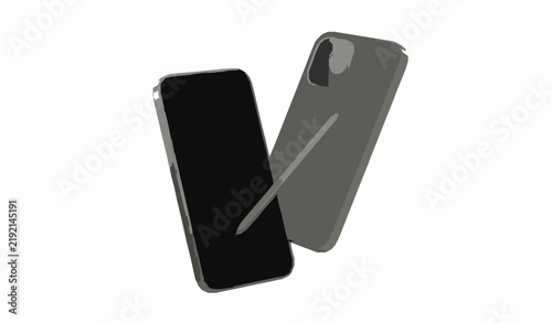 Flagship Smartphone Front Back Mockup with Stylus Pen Floating Vector Template