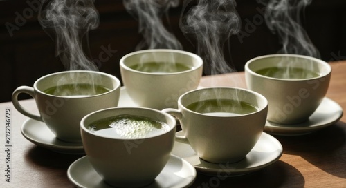 Five steaming cups of green tea on saucers, wooden table
