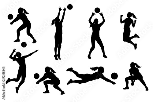 Female Volleyball Player Silhouettes Set with Dynamic Athletic Poses