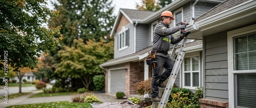 Roofer On Ladder Cleaning House Gutters In Autumn