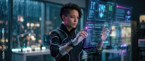 Woman Interacting With Futuristic Holographic Display in Rainy Cityscape