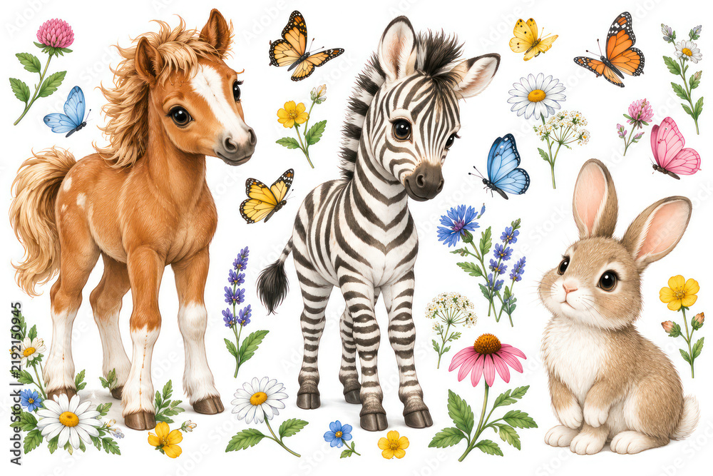 Obraz premium Cute Baby Animals with Wildflowers and Butterflies Nursery Illustration Set