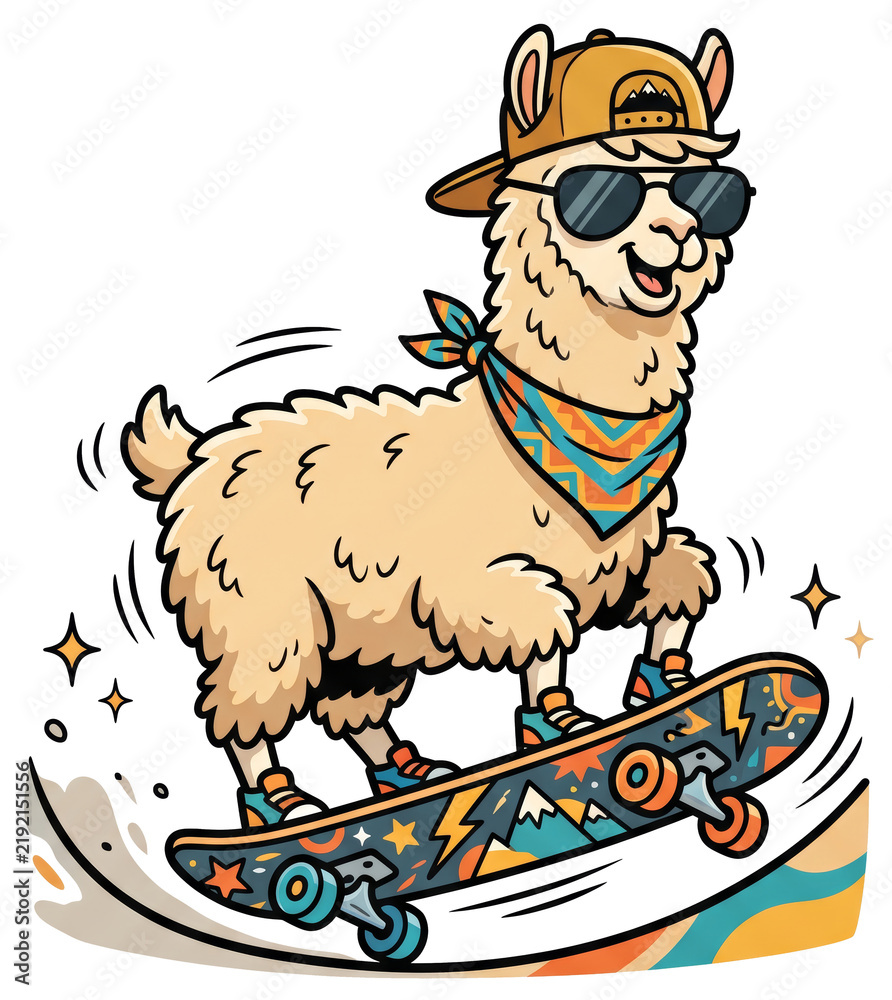 Fototapeta premium Cute cartoon llama riding skateboard with cap and sunglasses. Funny alpaca wears bandana and sneakers while skating on transparent background.