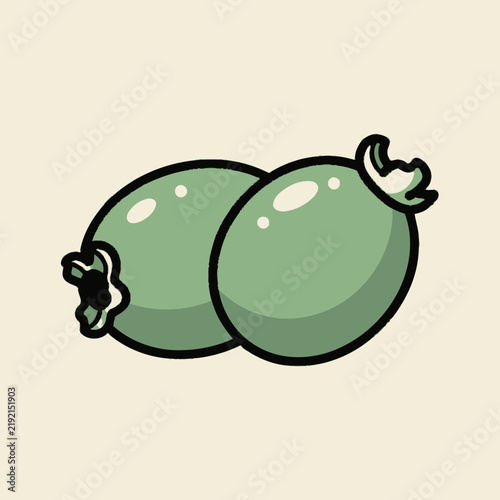 Illustration of two green figs with stems and leaves.
