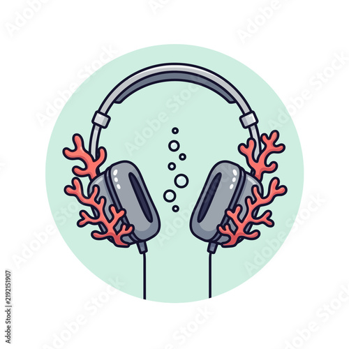 Headphones with coral and bubbles illustration.