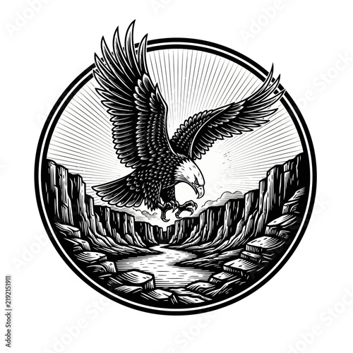 Majestic bald eagle soaring over rugged canyon landscape.
