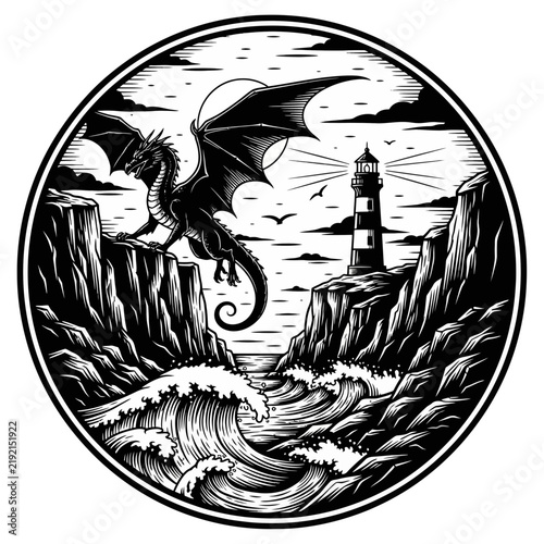 Mythical Dragon Flying Over Stormy Lighthouse Scene.
