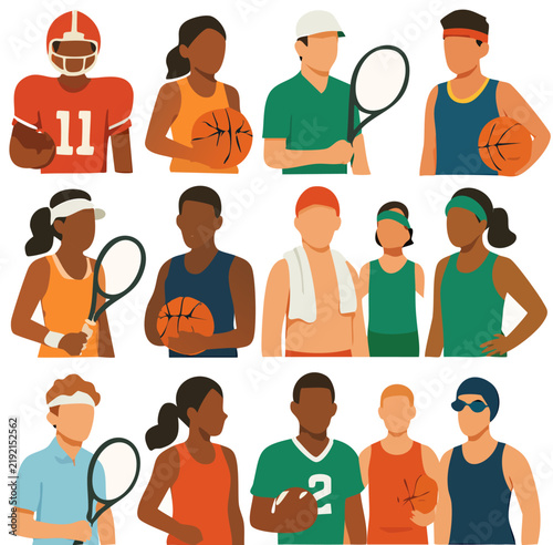 Diverse athletes in flat illustration style, featuring football, basketball, and tennis.