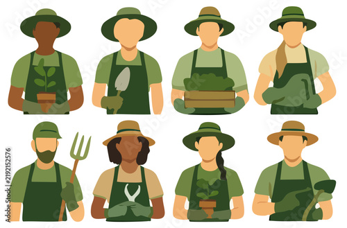 Flat vector illustration of diverse gardeners and farmers wearing aprons and hats.