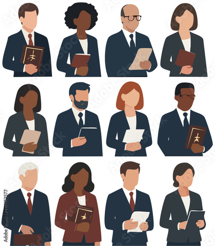 Flat vector illustration of diverse business professionals in suits holding documents.
