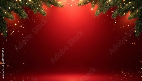 Festive christmas background with red velvet curtains and green pine tree branches