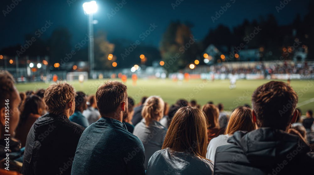 Fototapeta premium Crowd of spectators watching a night-time outdoor sports game under bright stadium lights with blurred players and audience in the background.