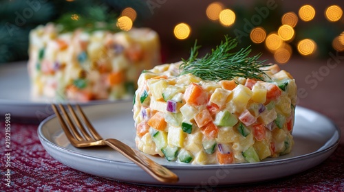 Olivier salad festive holiday appetizer serving with warm bokeh background