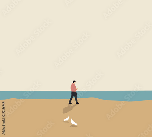 Man wearing pink shirt relaxing on the beach with white bird. Holiday vacation outdoor.