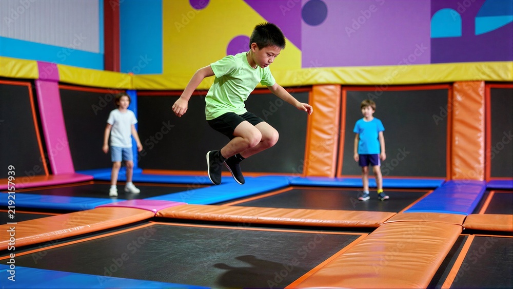 Obraz premium Kids jump joyfully on colorful trampolines in vibrant indoor play area.