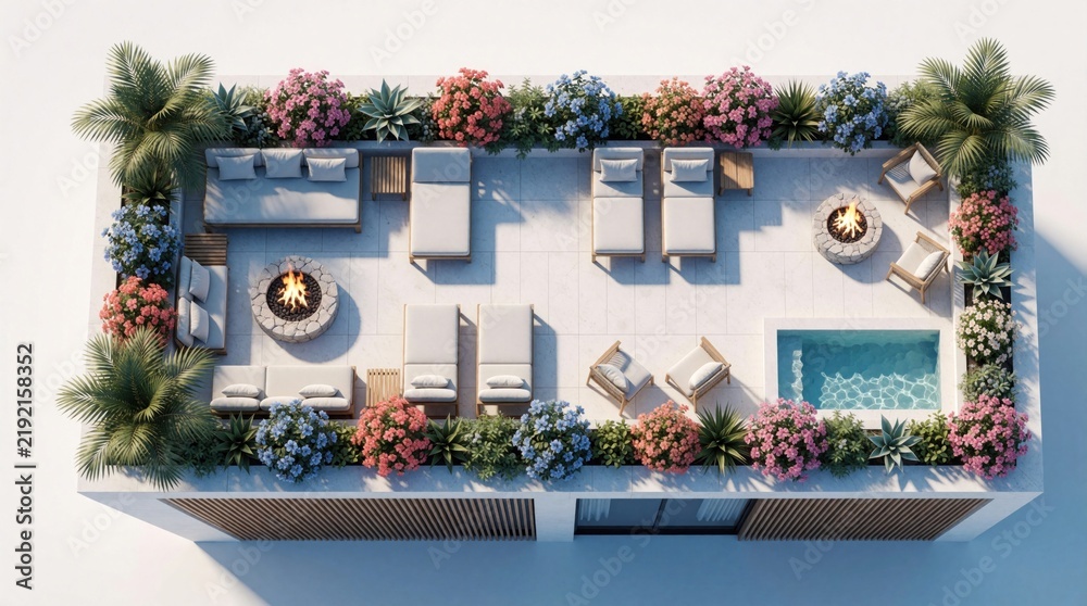 Fototapeta premium Aerial view of modern rooftop terrace with luxury lounge furniture. Stylish patio features outdoor sofas, sun loungers, fire pit, small pool. Green plants, colorful flowers, palm trees decorate urban