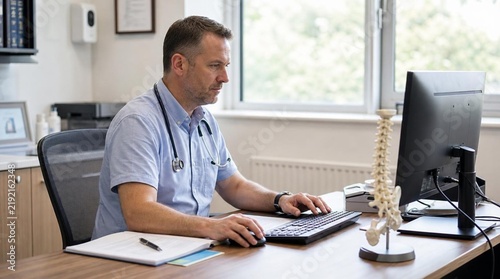 Focused male general practitioner working on desktop computer in bright clinical office, spinal anatomy model and paperwork on tidy wooden desk, professional healthcare consultation scene