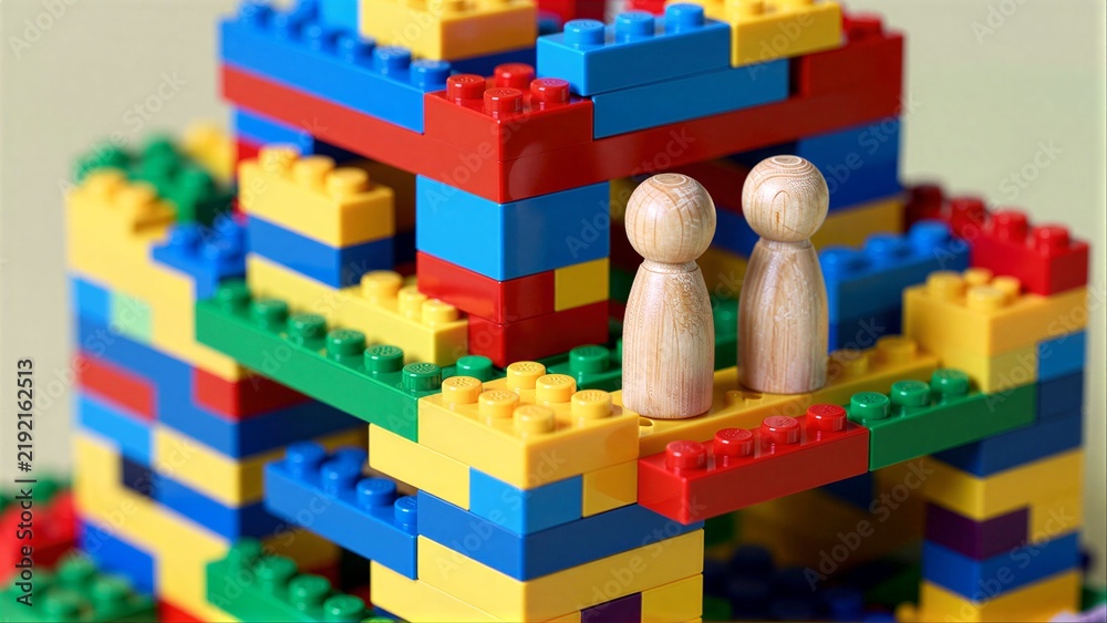 Fototapeta premium Colorful LEGO tower with wooden figures standing on top, playful and creative.