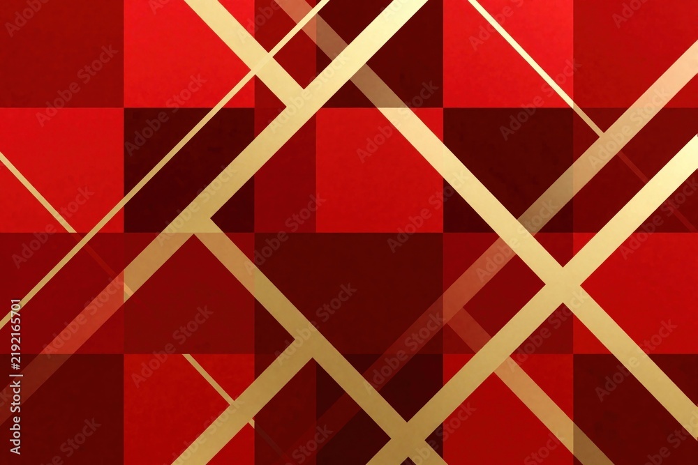 Obraz premium Abstract red background with gold geometric lines. Luxury textured backdrop features modern pattern of square shapes, metallic stripes. Elegant crimson wallpaper design for premium branding, festive