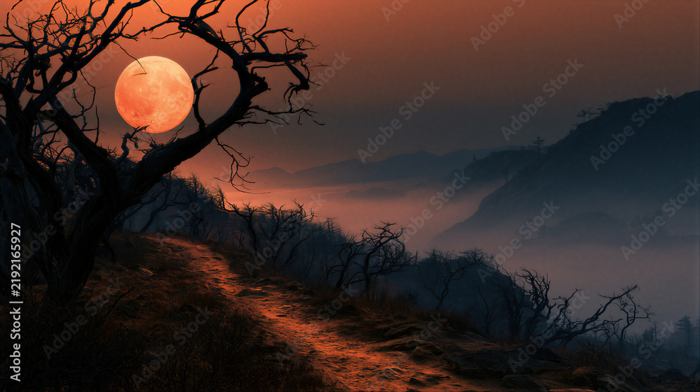Obraz premium Blood moon rising over dark misty mountain landscape with dead bare trees. Spooky forest path glowing in eerie orange light at night.