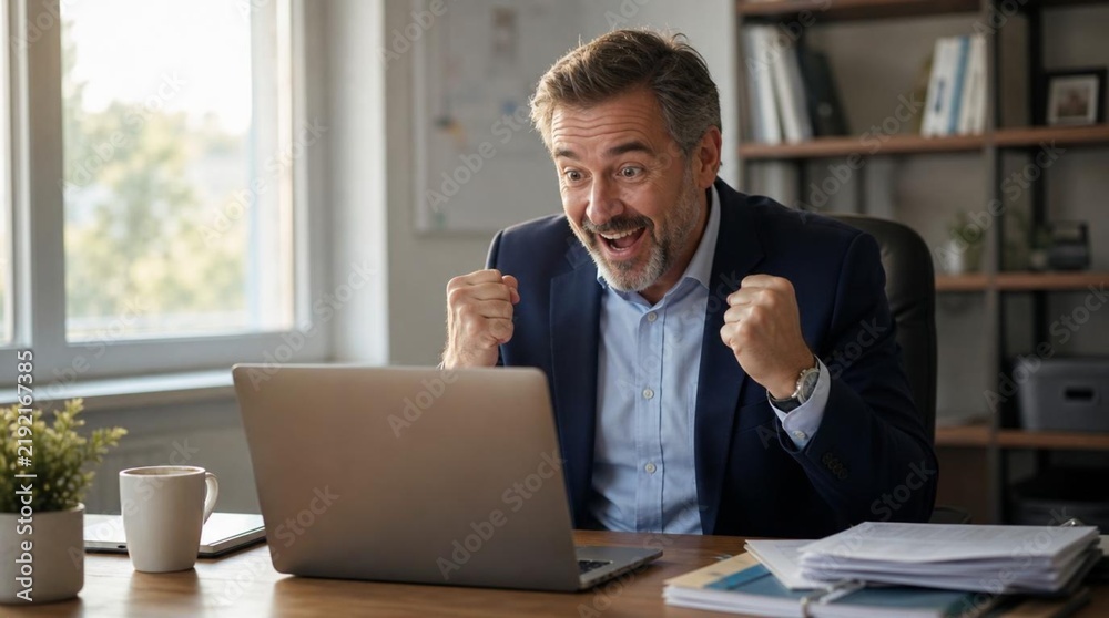 Obraz premium Excited Middle-Aged Businessman Celebrating Success at Desk with Laptop, Fists Clenched in Joy, Cheering for Good News or Winning Deal in a Modern Office Setting with Natural Light and Bookshelf.
