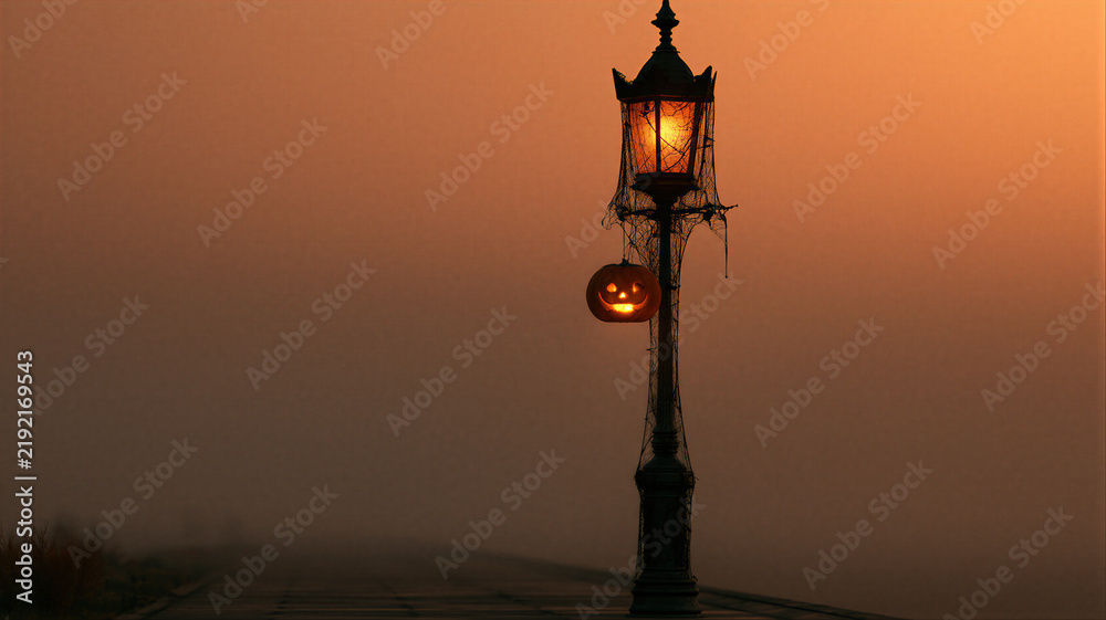 Obraz premium Jack-o-lantern hangs on a spooky street lamp covered in cobwebs. The glowing pumpkin casts an eerie light in the fading twilight.
