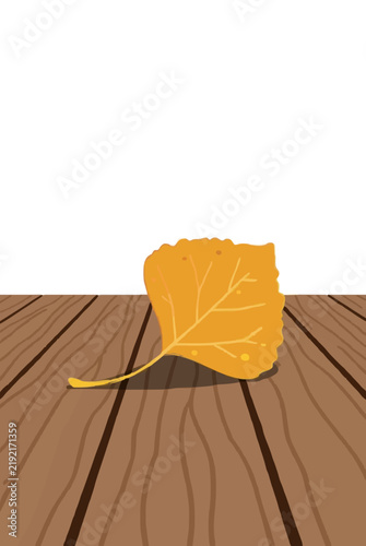 Autumn vector illustration showing a single golden yellow aspen leaf lying resting flat across grooved brown wooden patio floor planks against an empty isolated stark plain white backdrop