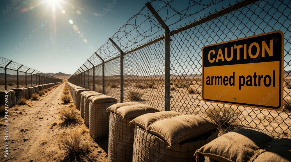 Obraz premium Metal fence with barbed wire runs through dry desert landscape. Yellow caution sign warns about armed patrol near sandbag barrier. Security perimeter, military border fortification protect restricted