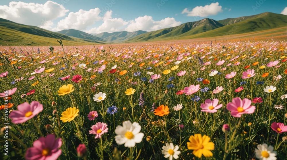Fototapeta premium Colorful wildflowers bloom in vast meadow under blue sky. Scenic mountain landscape with green hills, bright floral field. Beautiful summer nature background with diverse cosmos flowers growing in