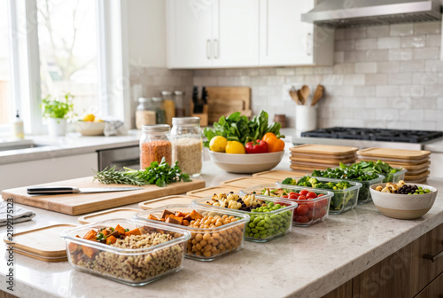 Healthy plant-based meal prep in glass containers with vegetables grains and legumes on kitchen counter
