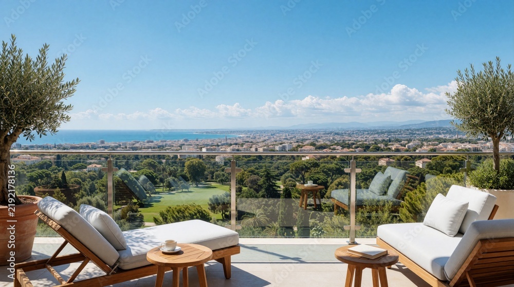 Fototapeta premium Luxury hotel terrace offers seating lounge chairs and tables overlooking Mediterranean city coastline. Outdoor cafe cafe with sea view horizon under clear blue sky.