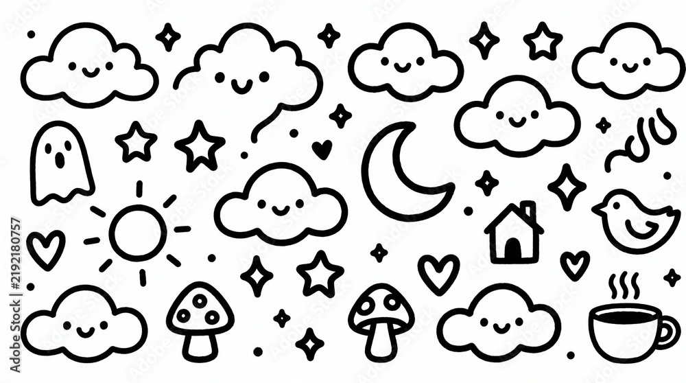 Obraz premium Collection of cute hand drawn doodle elements like clouds, stars, moon, sun, ghost, mushrooms, bird, house, heart, and hot drink. Great for creative designs, kids crafts, and playful graphics.