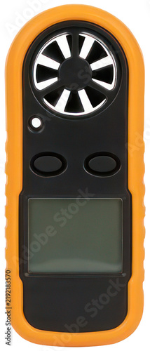 Foto Handheld orange digital wind anemometer sensor.