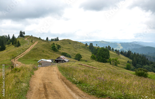 Dirt trail winds along grassy mountain ridges past small wooden cabins under a cloudy sky. Picturesque, rustic alpine landscape suited for nature, hiking, and travel. Carpathian Mountains, Ukraine