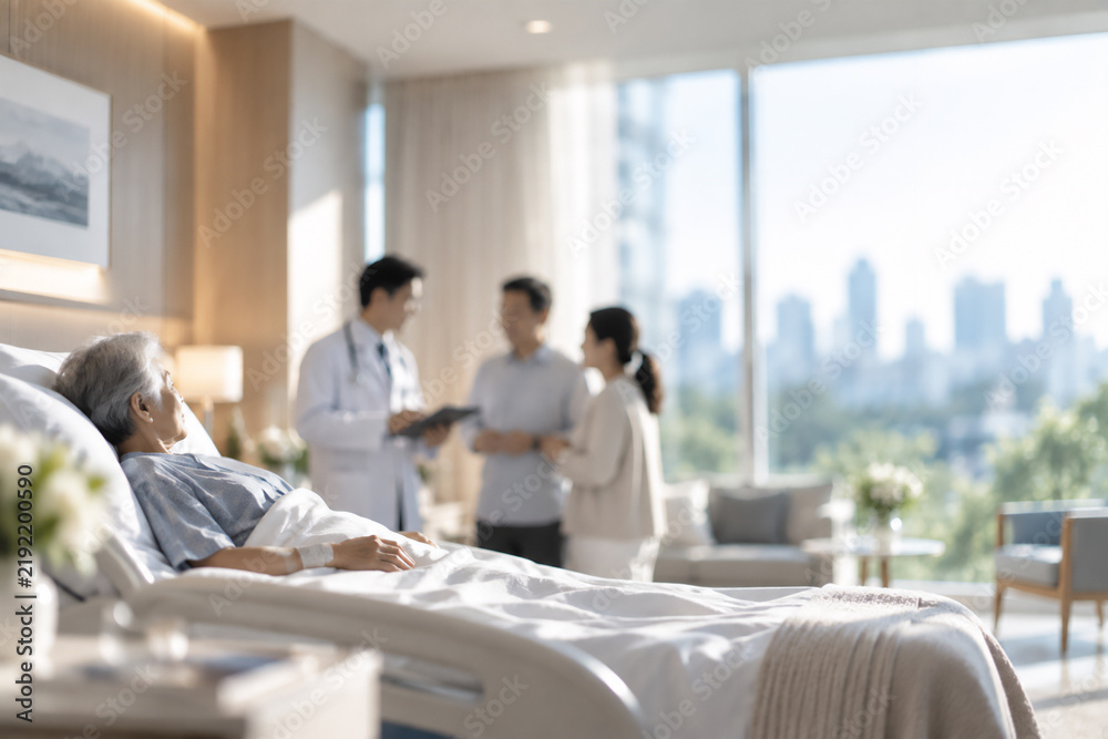 Fototapeta premium Doctor consulting family beside a senior patient in hospital