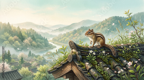 Chipmunk on Traditional Roof in Fresh Early Spring Landscape